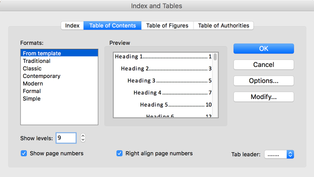 make table of contents in word for mac 2018